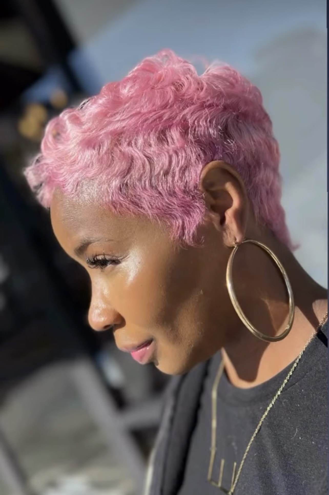 Pink pixie cut styled by Kiam